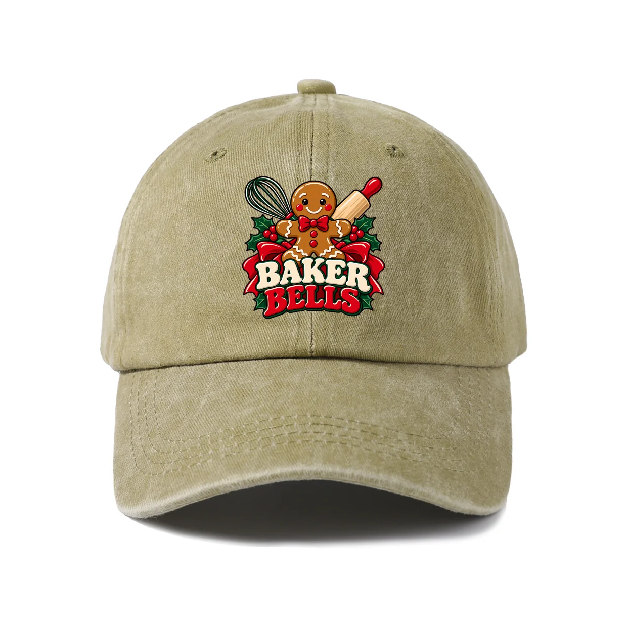 Baker Bells Gingerbread Graphic Vintage Washed Baseball Cap, Adjustable Unisex Dad Hat, Casual Gift