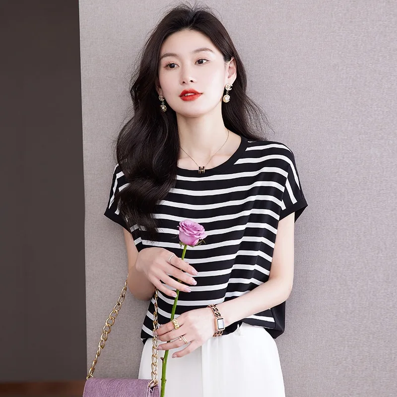 French Simple Fashion Loose Slimming Striped Silk Shoulder Top Women Classic Summer Large White Stripes Shirt Elegant Commute