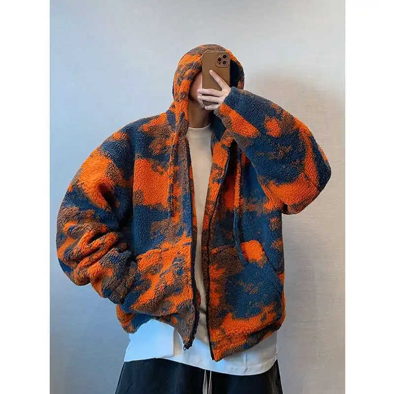 Men's Tie Dye Hoodie Jacket Winter Orange Flame Print Sherpa Lined Thick Coat Oversized Big Size Zip Up Streetwear