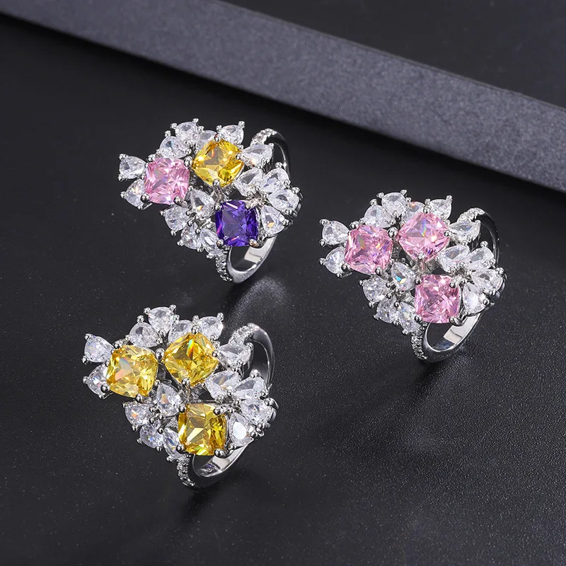 

European and American Retro Colorful Diamond Ring Yellow Pink Zircon Inlaid Sparkling Ring