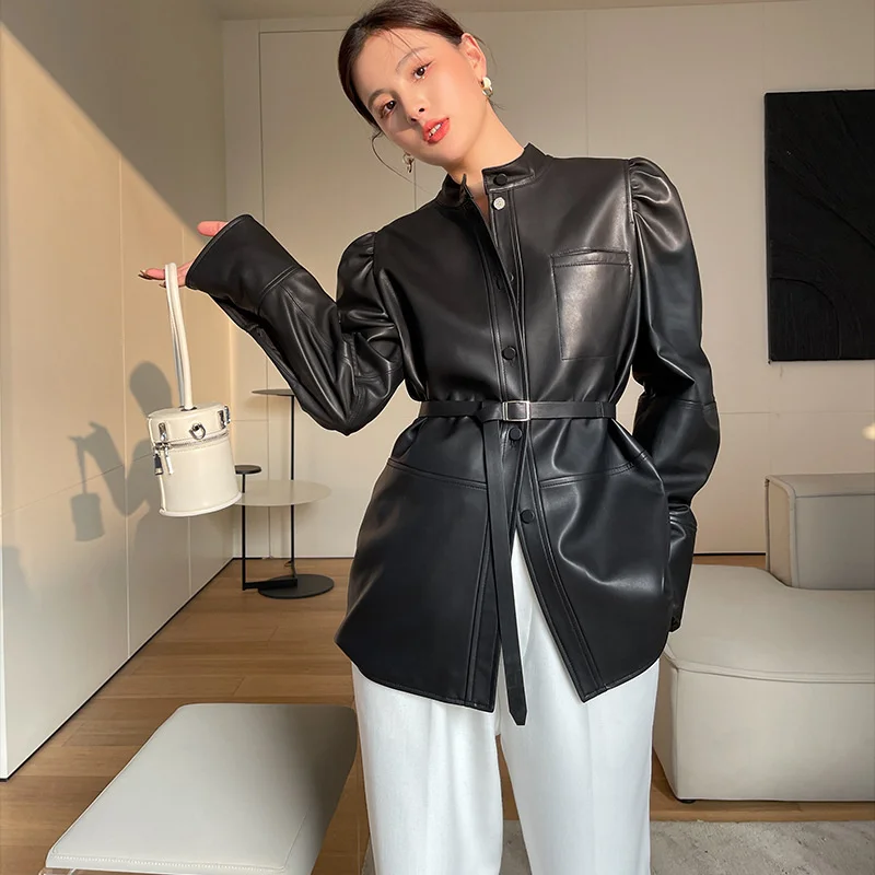 Spring Leather Sheepskin Coat Women\'s Medium and Long Slim fit Belt Puff Sleeve Jacket Fashion Motorcycle Genuine Leather Coat