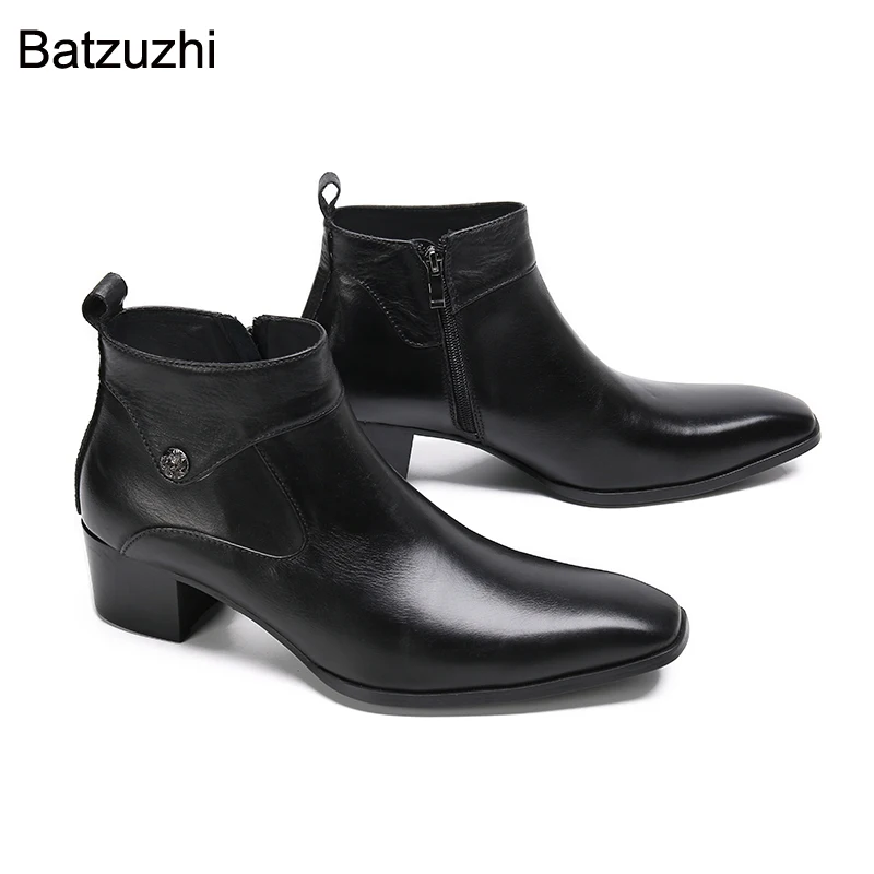 

Batzuzhi Black Ankle Leather Boots for Men 6cm Heels High Pointed Toe Zipper Botas Hombre Business Shoes Men, 38-47！