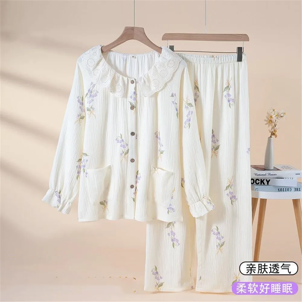 Summer Cotton Double-layer Gauze Women's Pajamas Set Floral Printed 2 Pcs Homewear Loose Shirt Pants Clothes Set