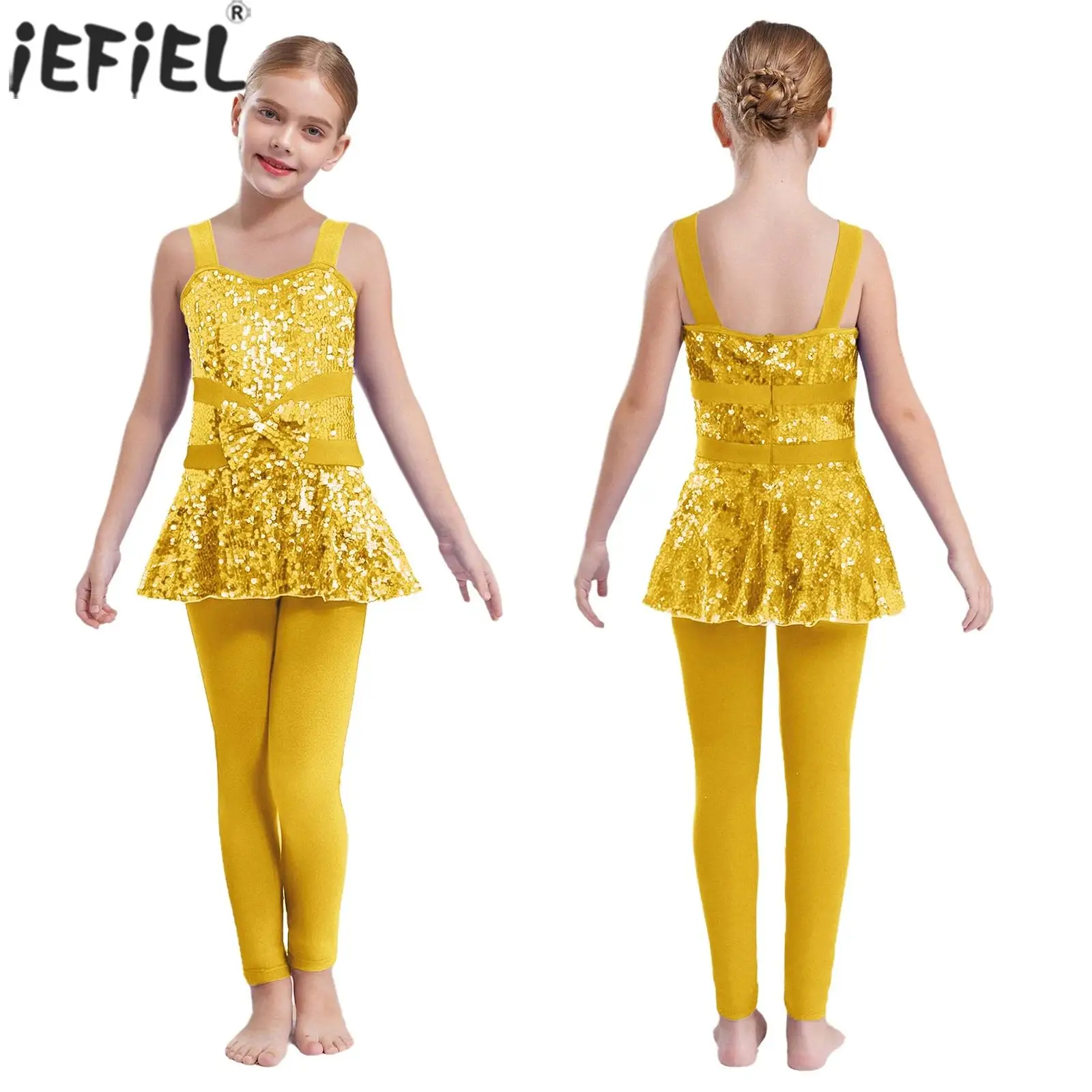 

Kids Girls Jazz Dance Bodysuit Sleeveless Shiny Sequins Peplum Jumpsuit Leotard Skating Gymnastics Stage Performance Dancewear