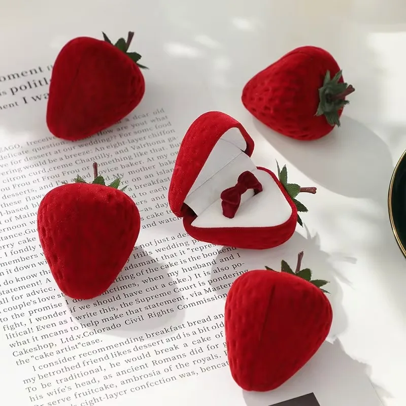 

Strawberry Shape Ring Box Heart Lid Mini Jewelry Storage Case for Engagement Rings, Proposal, Wedding, Valentine’s Day Gift ﻿