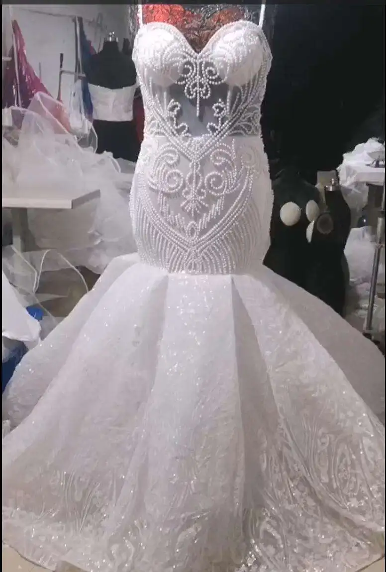 Customized Gorgeous High Neck See Through Full Appliques Beads Wedding Dress Chapel Train Long Sleeves Plus Size Corset Back