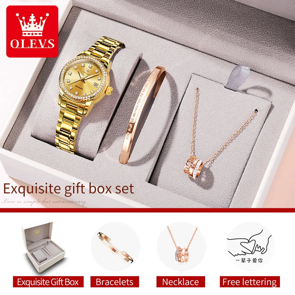 OLEVS Womens Automatic Watch Luxury Diamond Self Winding Watches for Women Stainless Steel Ladies Dress Watch Bracelet Gift Set