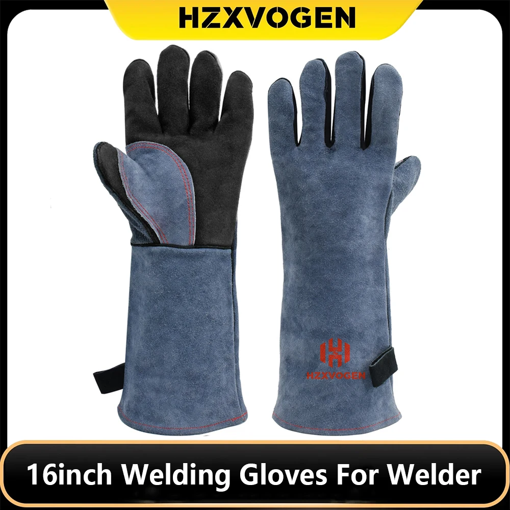 Guantes de soldadura de 16 pulgadas para soldador, guantes de trabajo para parrilla, aislamiento térmico, cuero grueso dividido de vaca, resistentes