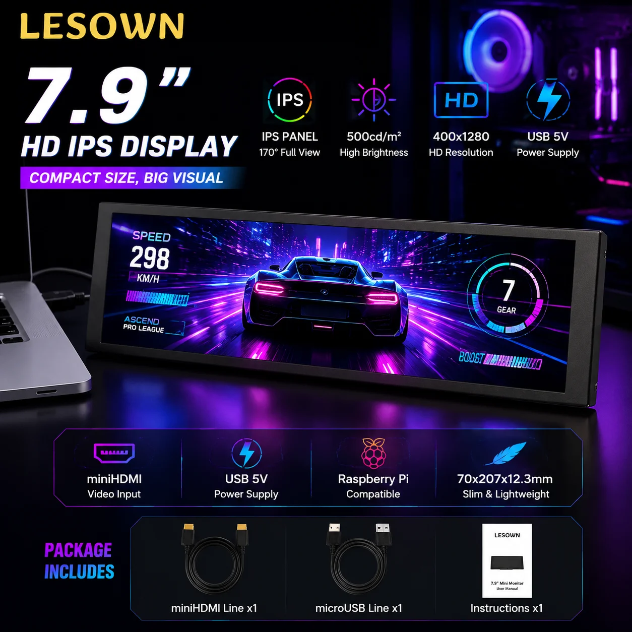 LESOWN 7.9in AIDA64 PC Mod Screen 400x1280 Stretched Display Aluminum 500nits Hardware Monitor for Desktop Gaming Setup