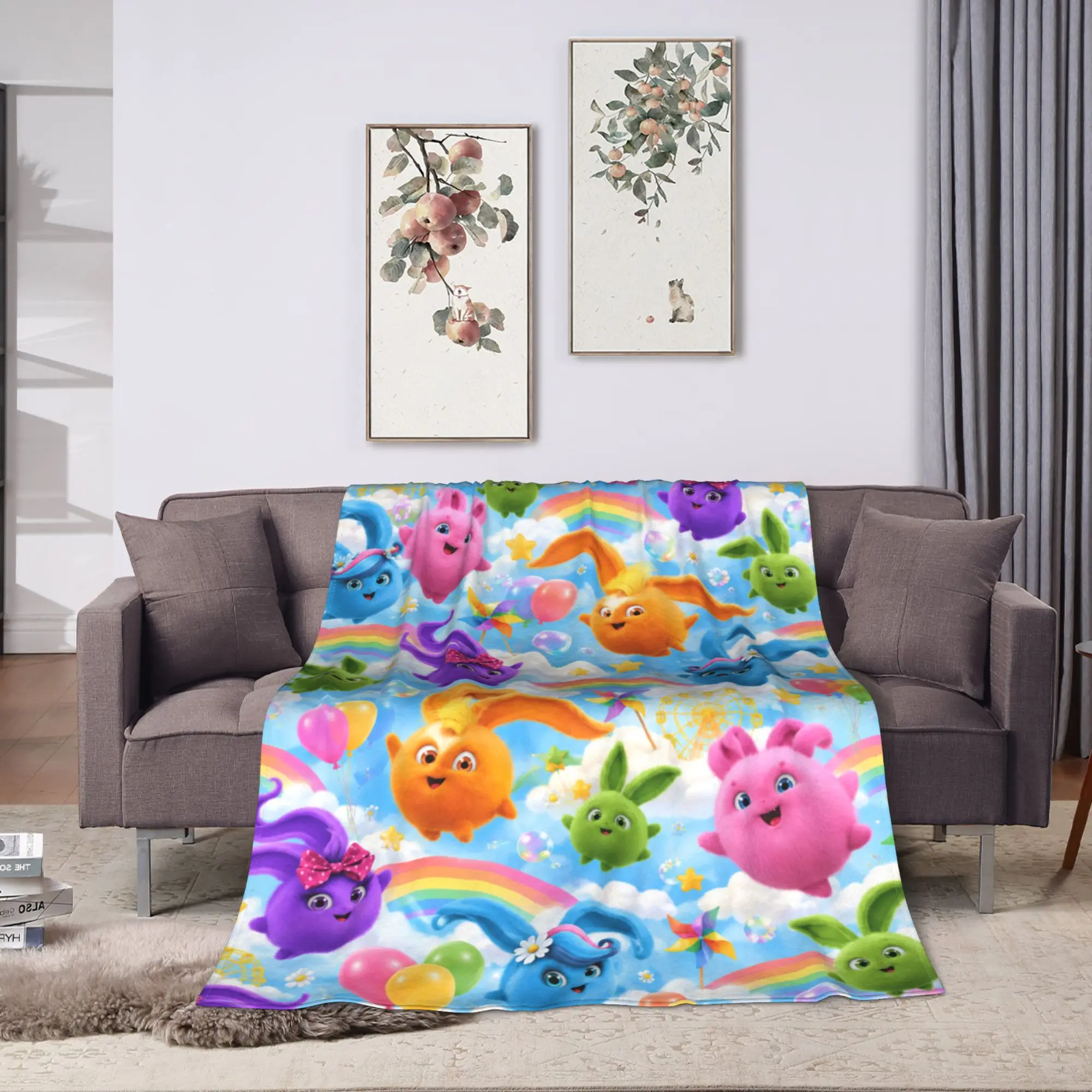 Sunny Bunnies five colourful balls Flannel Blanket Winter  Warm Throw Blanket for Home Decor Aesthetic Bedspread Sofa Bed Cover