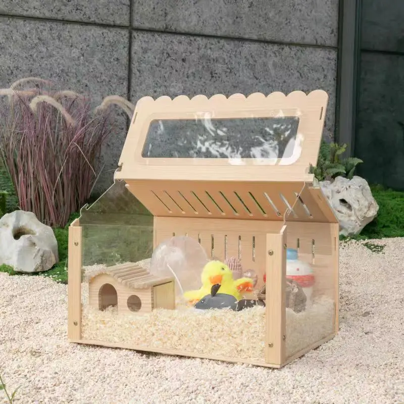 Wooden and Acrylic Hamster Cage Transparent Ornamental Pet Breeding Crate DIY Aquascape Pet Crate