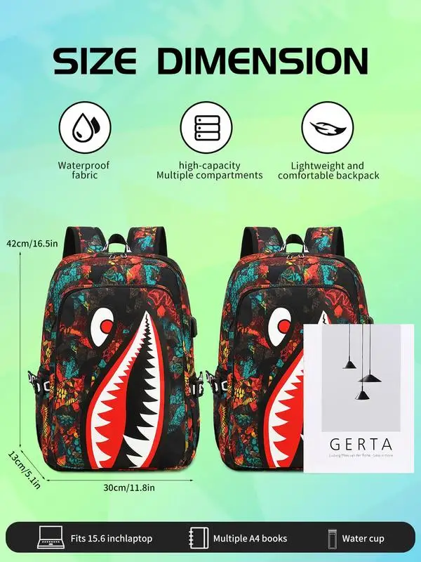 Colorblock Shark Pattern Backpack, Capacity Backpack with Usb Port Design, Backpack for Daily Use, Back To School Bag for Summer