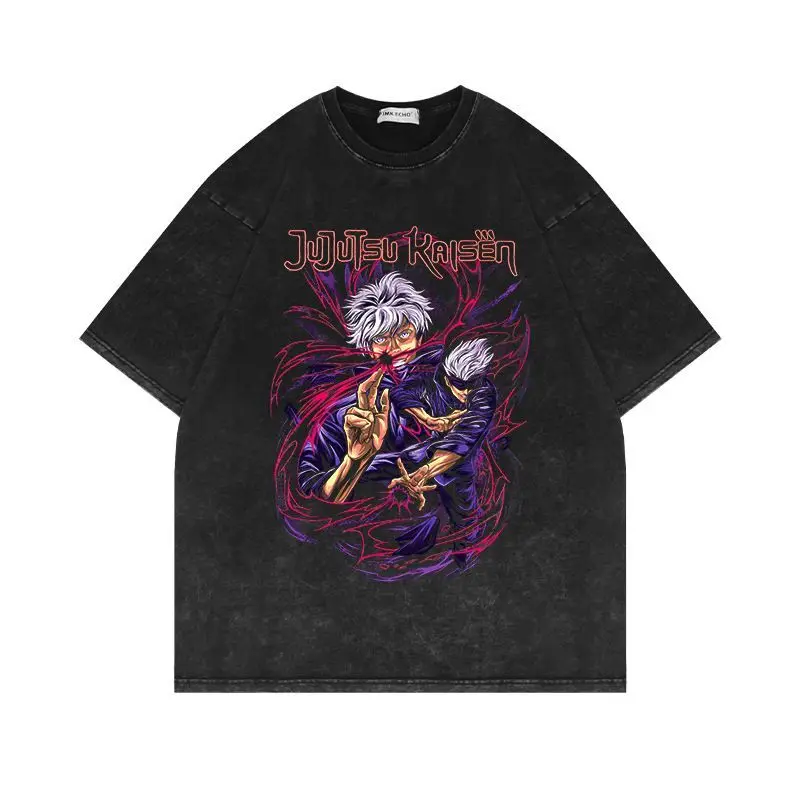 

Винтажная футболка Jujutsu Kaisen с эффектом потертости, хлопковая, аниме-тематика, повседневная, с коротким рукавом, унисекс