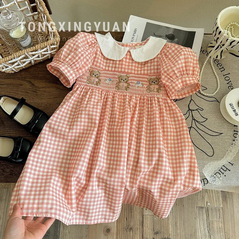 

Little Bear Embroidered Girl Dress Summer New Puff Sleeve Tartan Skirt Children's Princess Dress
