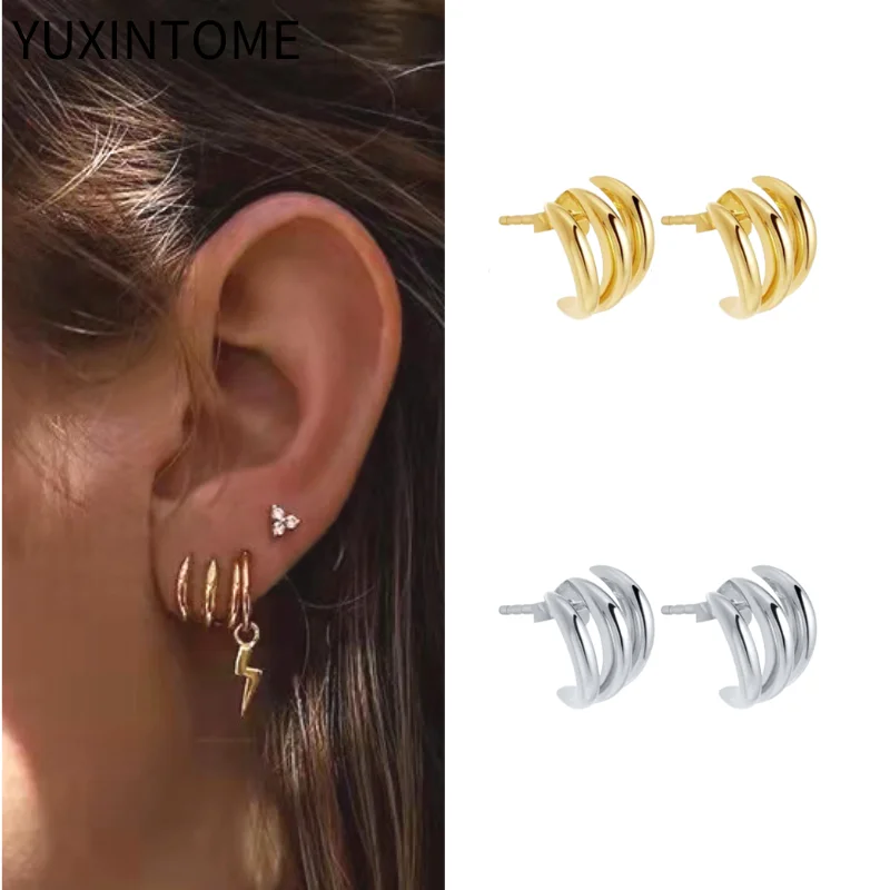 925 Sterling Silver Ear Needle Fashion C shape Stud Earrings For Women Minimalist Three Claws Piercing Earrings Trend Jewelry