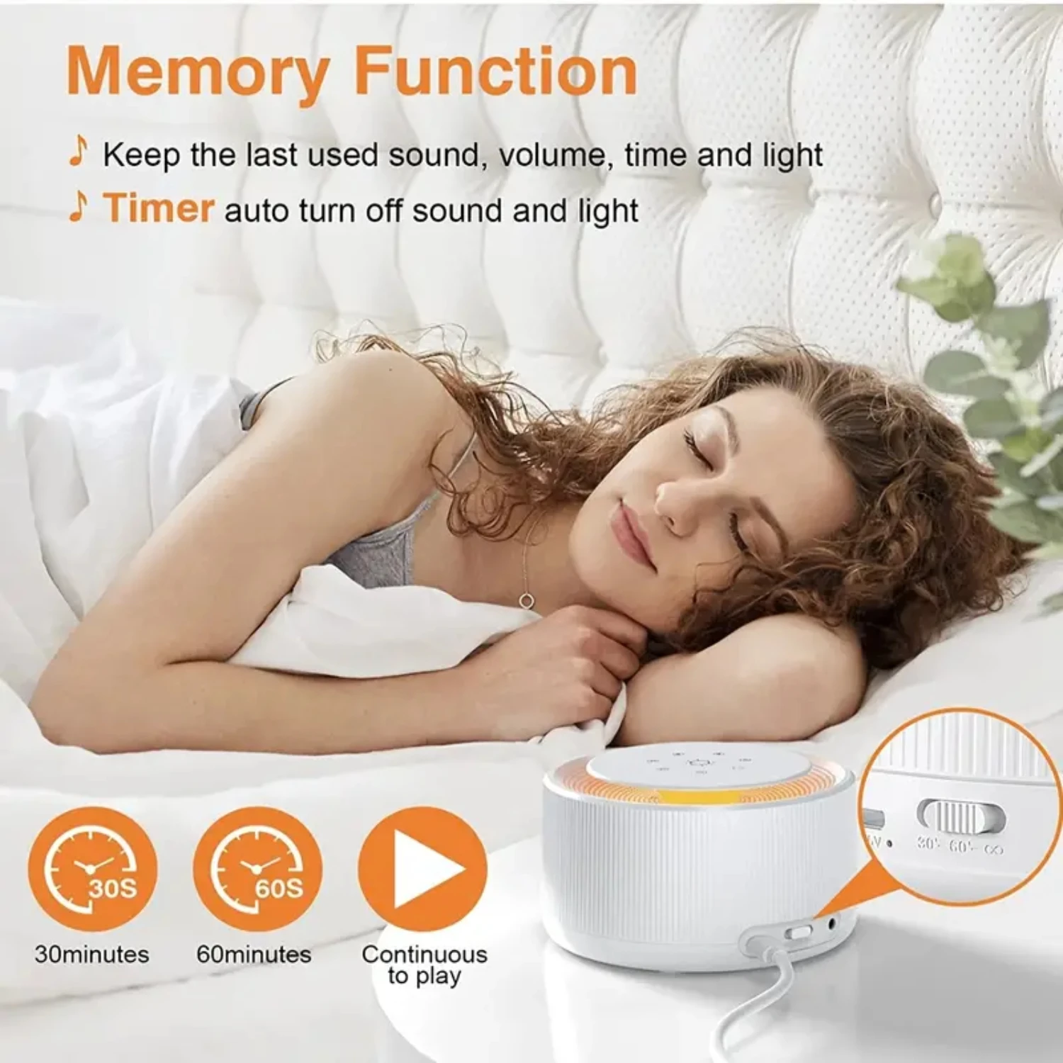 White Noise Machine, 30 Non-looping Sounds, 36-Level Volume, Memory Function, Timer, Touch Night Light Sound Machine for Adults 