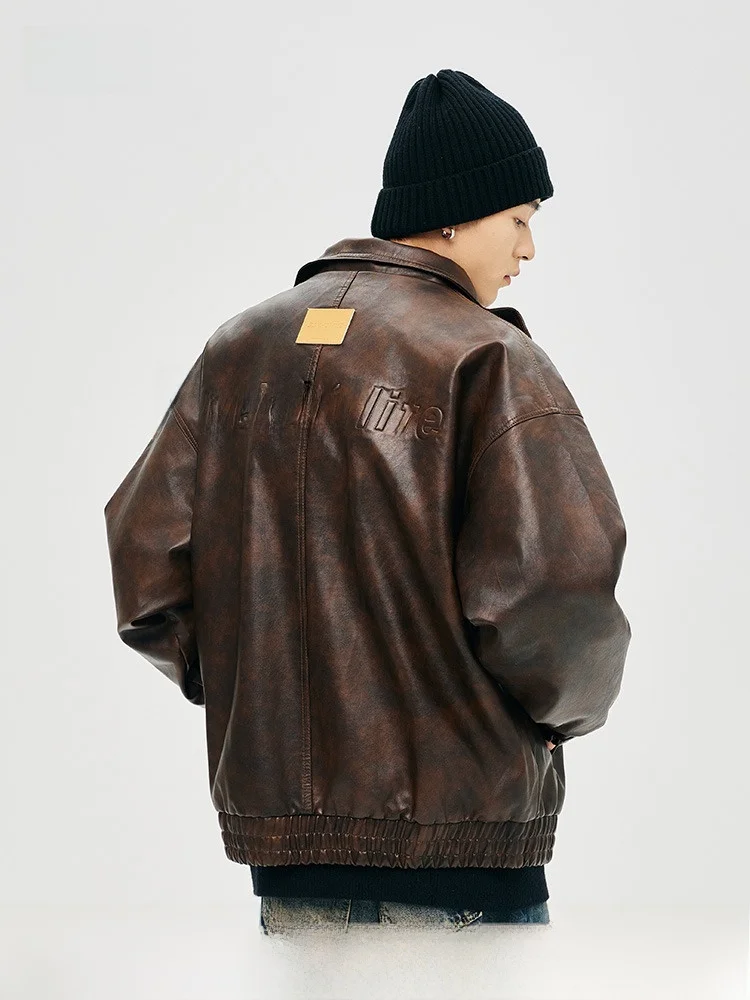 

Dpx American Retro PU Leather Jaet Men's Loose Casual Lapel Motorcycle Outerwear Spring Autumn Letter Eming Street Sle