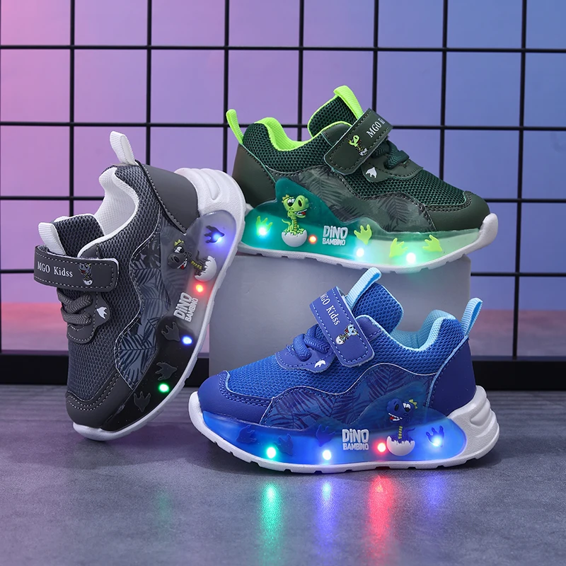 Mgo Kidss Spring and Autumn Dinosaur Children's Light-Up Shoes, Light-Up Shoes, Dinosaur Kids' Shoes, Boys' Mesh Breathable Flashing Light Shoes, Casual Children's Sports Shoes, Led Light Shoes, Boys' Shoes
