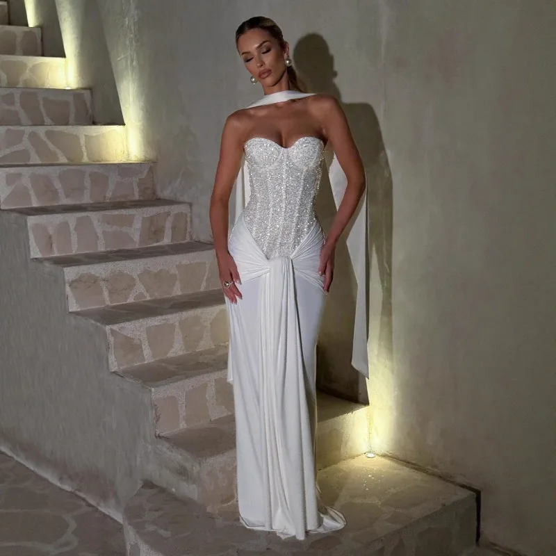 ชุดเดรสยาวทรงเมอร์เมดประดับเลื่อมสำหรับงานปาร์ตี้ งานแต่งงาน หรืองานรับปริญญา ดีไซน์หรูหราเปิดไหล่ ผ้าลูกไม้เข้ารูปทรงสวย