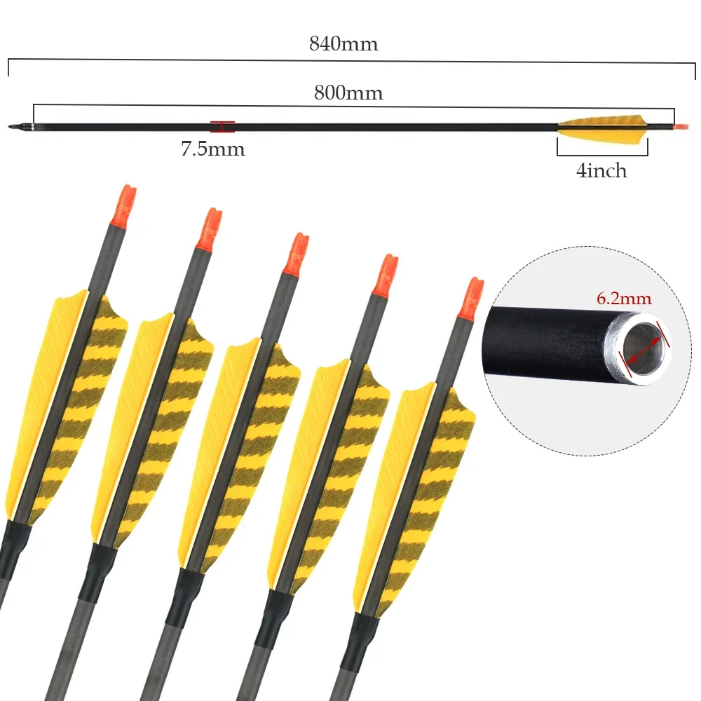 Boogschieten Pijl Zuivere Koolstof Pijl 32Inch Wervelkolom 400 Id 6.2Mm Verstelbare Nock Met Turkije Veer Voor Boogschieten Schieten jacht