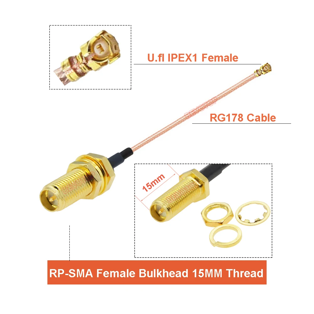 10pcs/lot BEVOTOP SMA to  15MM Thread SMA Female / RP-SMA Female to u.FL  1 Female Jack RG178 Jumper RF Coaxial Cable