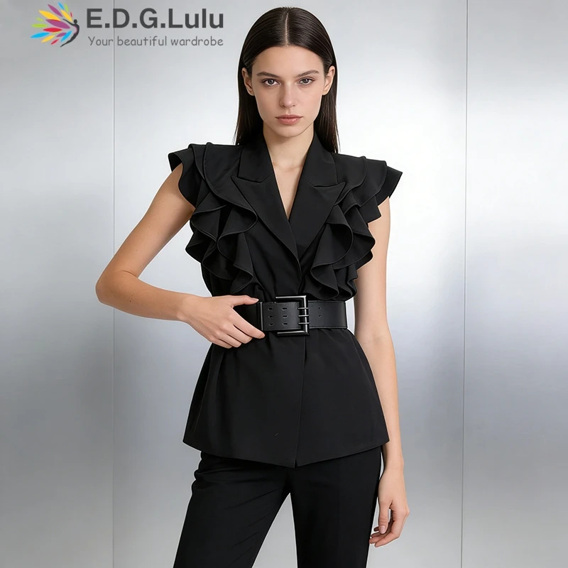 EDGLuLu 2026 Spring New Korean Design Turn-Down Collar Vest Coat Design An Irregular Ruffled Black Vest Jacket 0416