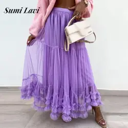 All-match Ladies Solid Color Pleated Skirt Fashion Ankle Length Tulle Skirt 2024 Female High Waist Splicing Tiered Dance Skirts