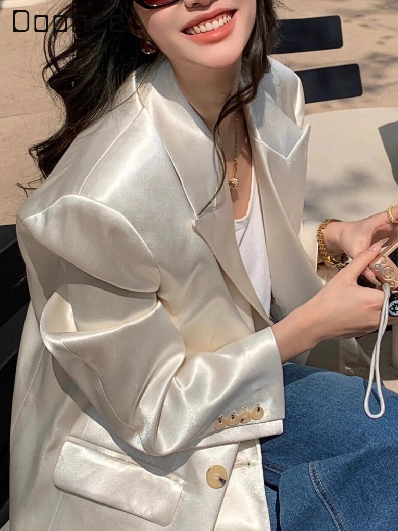 

High-end Elegant Heavy Craft Pearlescent Color Cross Collar Blazer Women Korean Chic Loose Versatile Autumn Trendy Blazer Top