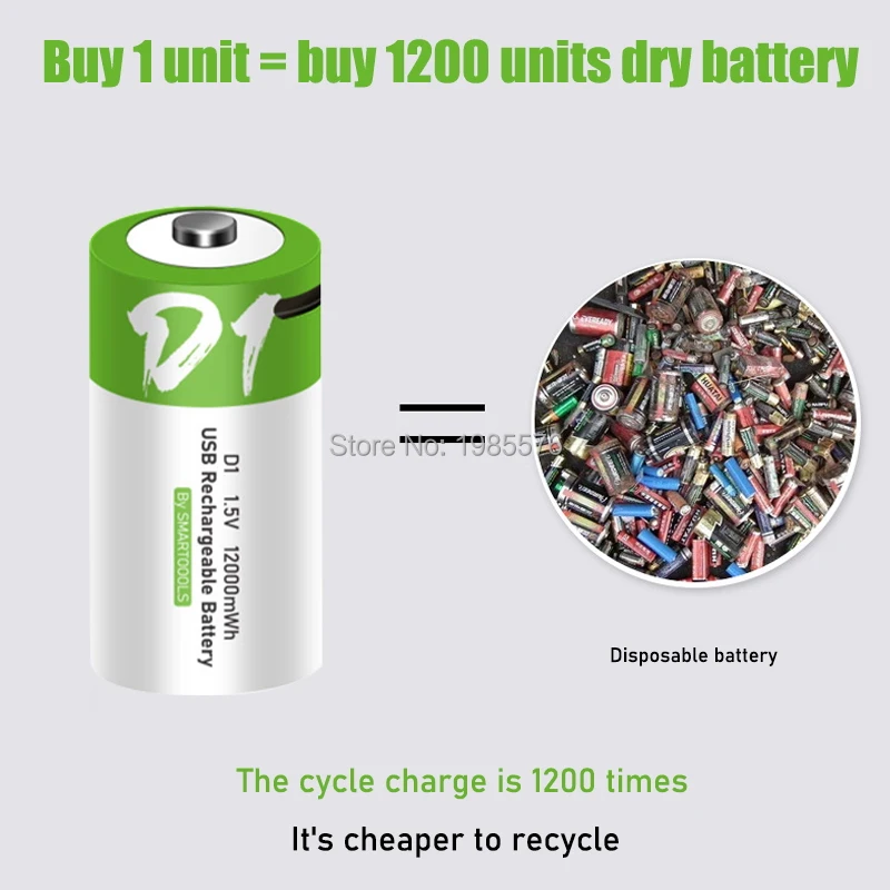 Batería recargable de iones de litio, 1,5 V, 12000mWh, tamaño D, USB, tipo D, para linterna, calentador de agua, etc.