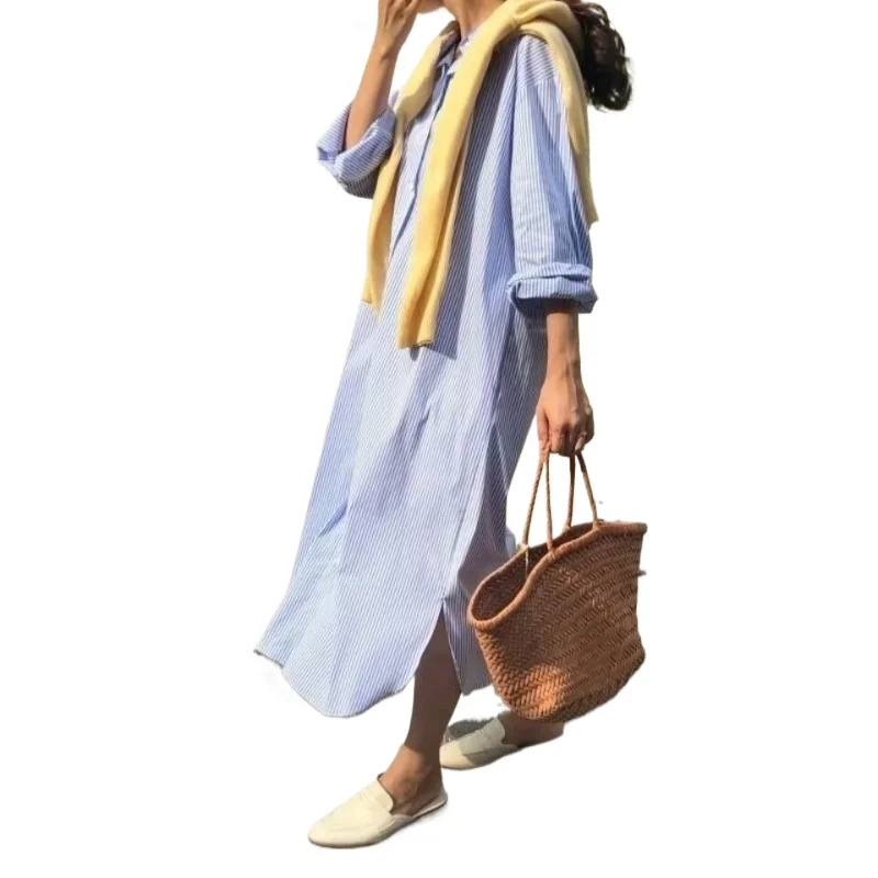 Full Sleeve Casual Long Shirt Women Shirt Dresses Spring Summer Fashion Female Vintage Striped Shirts Loose Dresses
