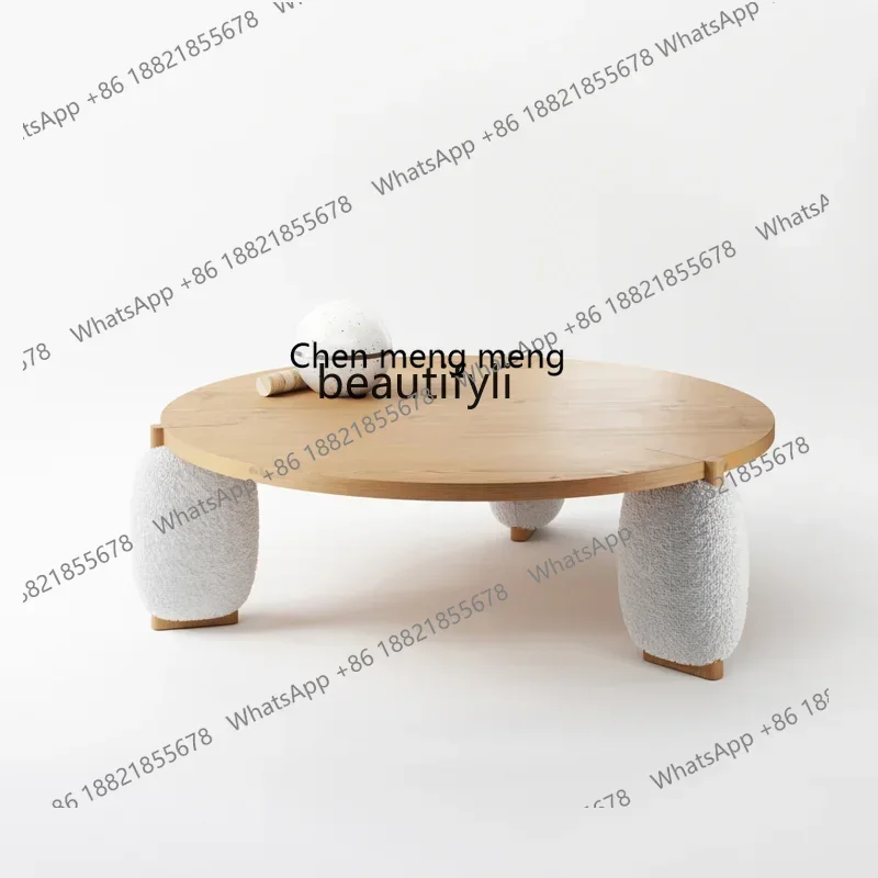 New arrive Small Apartment Living Room Model Room Round Coffee Table Japanese Creative Lamb Fleece Soft Bag Foot Solid Wood Tea