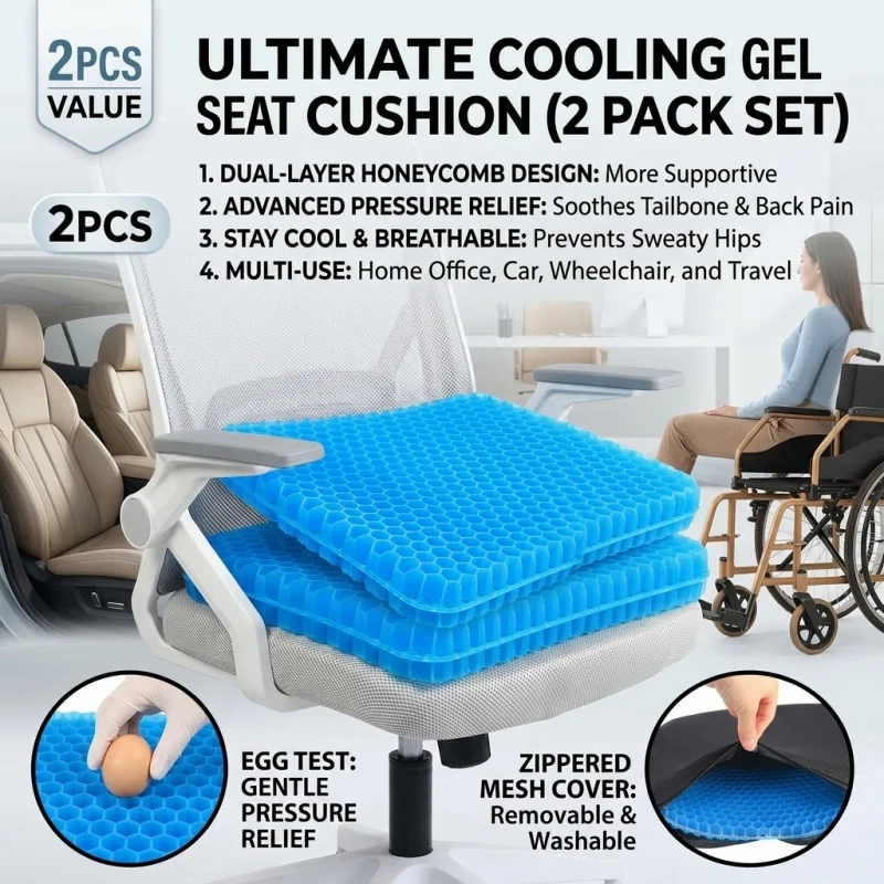 Gel-Sitzkissen, Sommer, atmungsaktiv, Wabendesign, zur Linderung von Rückenschmerzen, Druckentlastung, für Zuhause, Büro, Rollstuhl, Stuhlkomfort