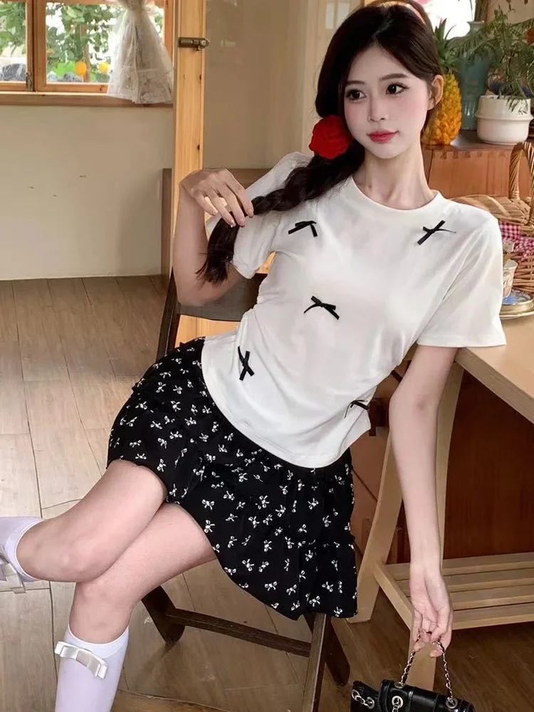 Korean Fashion Black White Bow Print Mini Skirts Girls Casual A-Line Elastic Waist Summer Short Skirt with Shorts Skorts