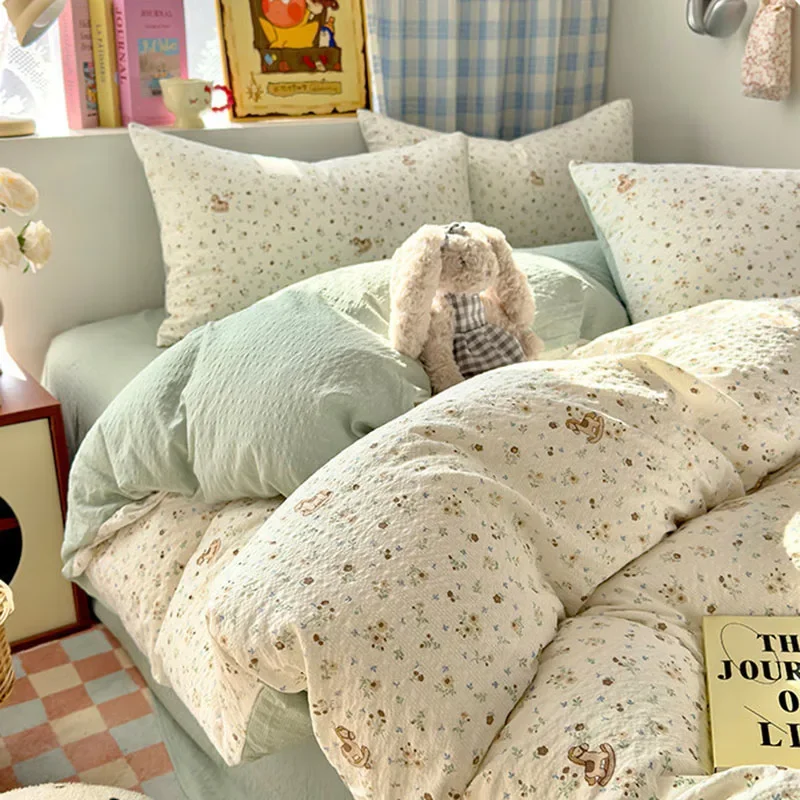 Ins Style Printed All-Cotton Bedding Set Antibacterial Dormitory Bedclothes for Students Comfort Skin-Friendly Home Decoration