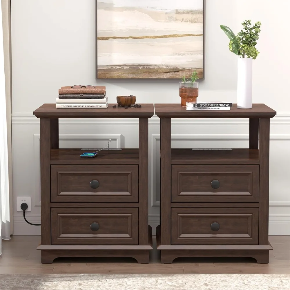 

Wide End Table with Fast Charging Station Set of 2, Wide Sofa Side Table with Drawers