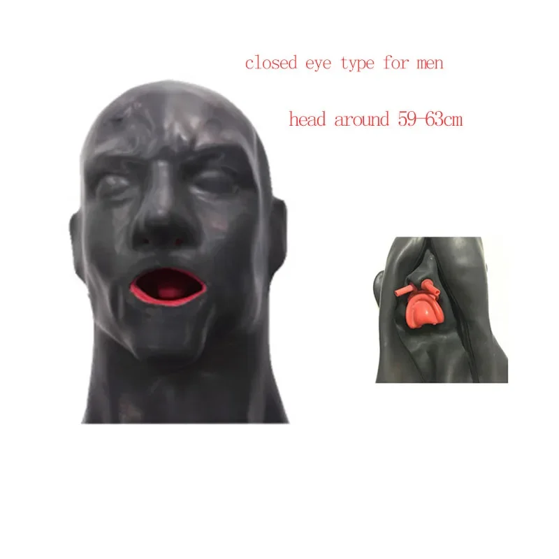 3D Latex Hood Rubber Mask Closed Open Eyes Fetish Hood with Red Mouth Gag Plug Sheath Tongue Nose Tube Short Back Zip or Men