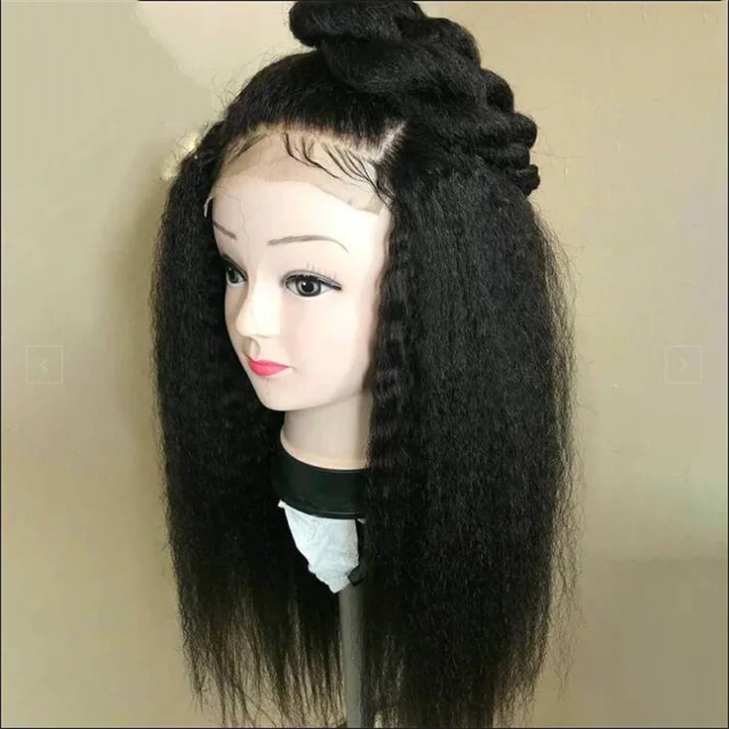 180 Density Preplucked Long 26 inch Soft Black Yaki Kinky Straight Hair Lace Front Wig For Women Natural Hairline With Baby Hair