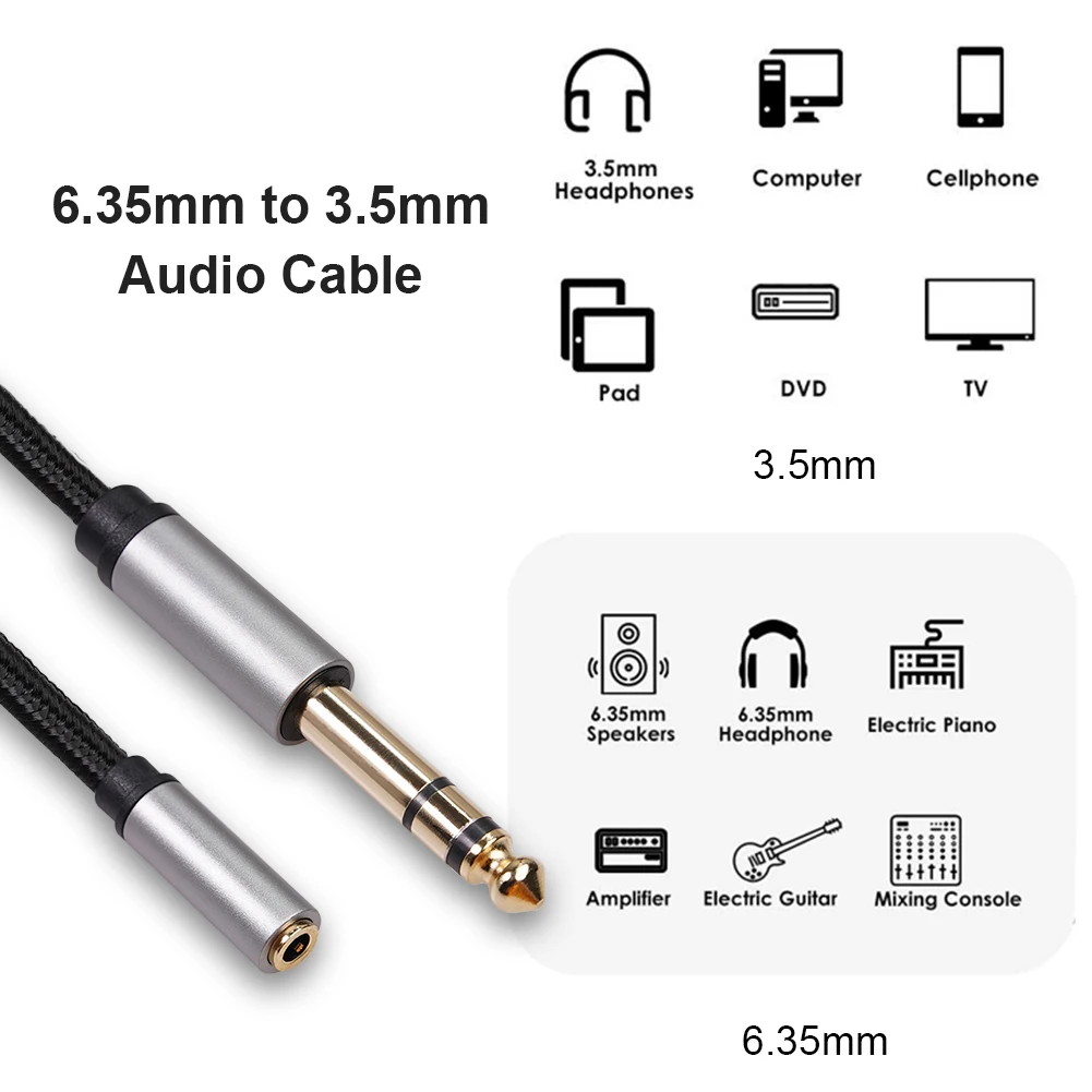 6.35mm to 3.5mm Audio Cable 1/4 Male to 1/8 Female Headphone Stereo Adapter Cord for Amplifiers Guitar Keyboard Piano Parts