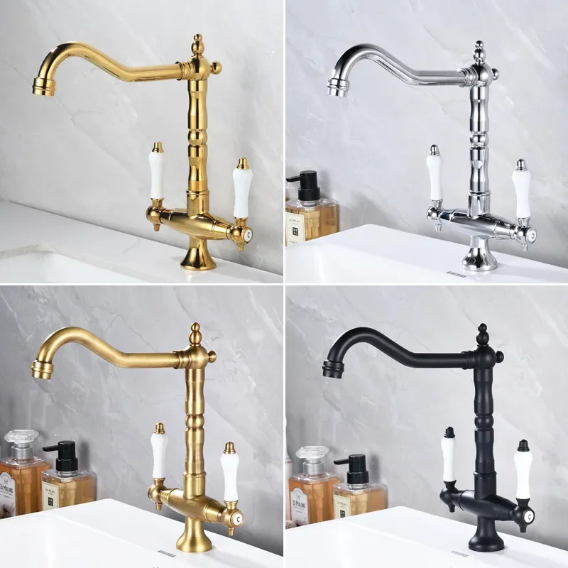 Basin Faucets Antique Bronze Bathroom Faucet Hot & Cold Brass Bathroom Sink Faucet Deck Mounted Lavotory Faucet Double Handle