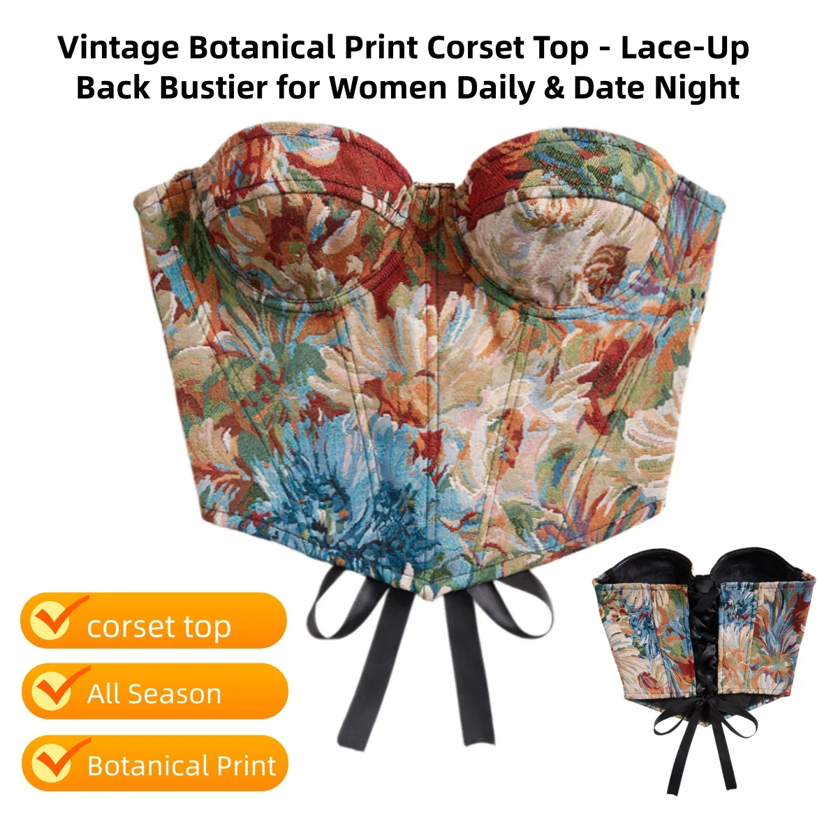 Top Corset con Estampado Botánico Vintage - Bustier con Espalda de Encaje para Mujer, Uso Diario y Citas Nocturnas