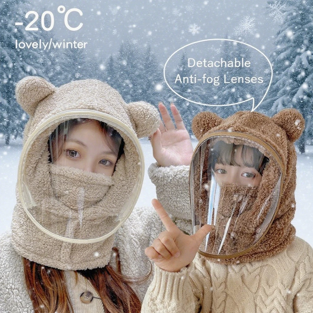 หมวกกันลมฤดูหนาวหูหมีน่ารักสำหรับเด็กผู้หญิง 360 °   หมวกคลุมศีรษะแบบหนาให้ความอบอุ่นสำหรับการปั่นจักรยานกลางแจ้งเดินป่าของขวัญคริสต์มาส