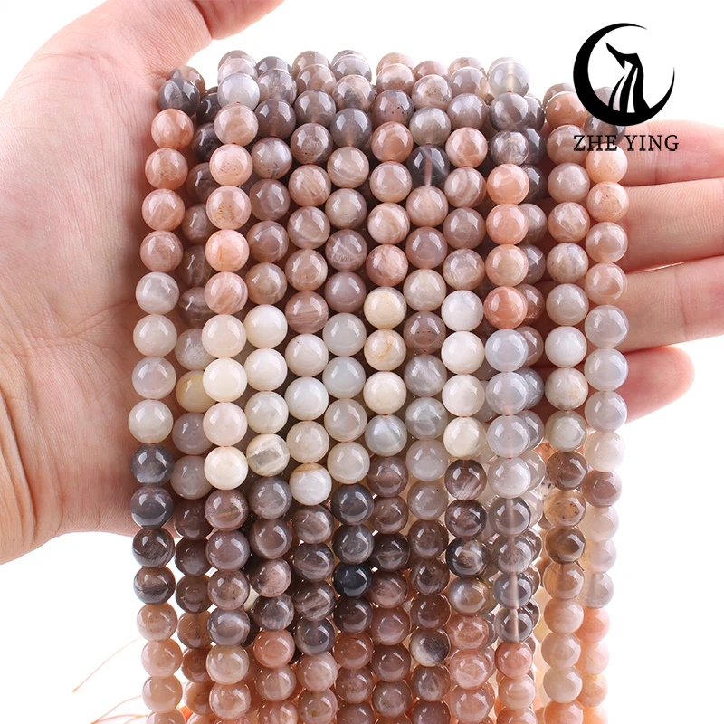 Zhe Ying Natural Sri Lanka Mix Moonstone Beads Round Smooth Natural Gemstone Beads for Bracelet Making Jewelry Diy Accessories