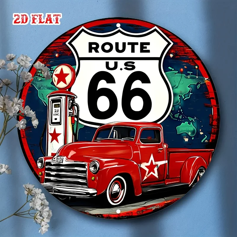 قطعة واحدة من لافتة الألومنيوم المستديرة للسيارة الكلاسيكية - لوحة فنية جدارية معدنية لشاحنة عتيقة، ديكور على طراز الطريق 66، موضوع محطة الوقود، مثالية للمنزل،