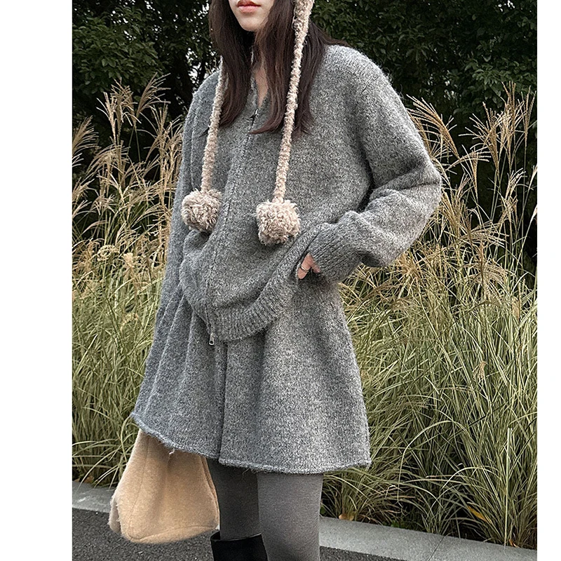 

Women Soft Wool Knit Shorts Sets Long Sleeve Zip-up Top and Elasitc Waist Shorts Matching Lounge Sets Loose Casual Shorts Suits