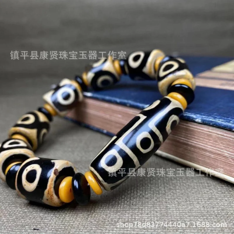 Tibetan Style Old Agate Tooth Yellow Nine- with Three-Eye Sky Beads Bracelet Wholesale Antique