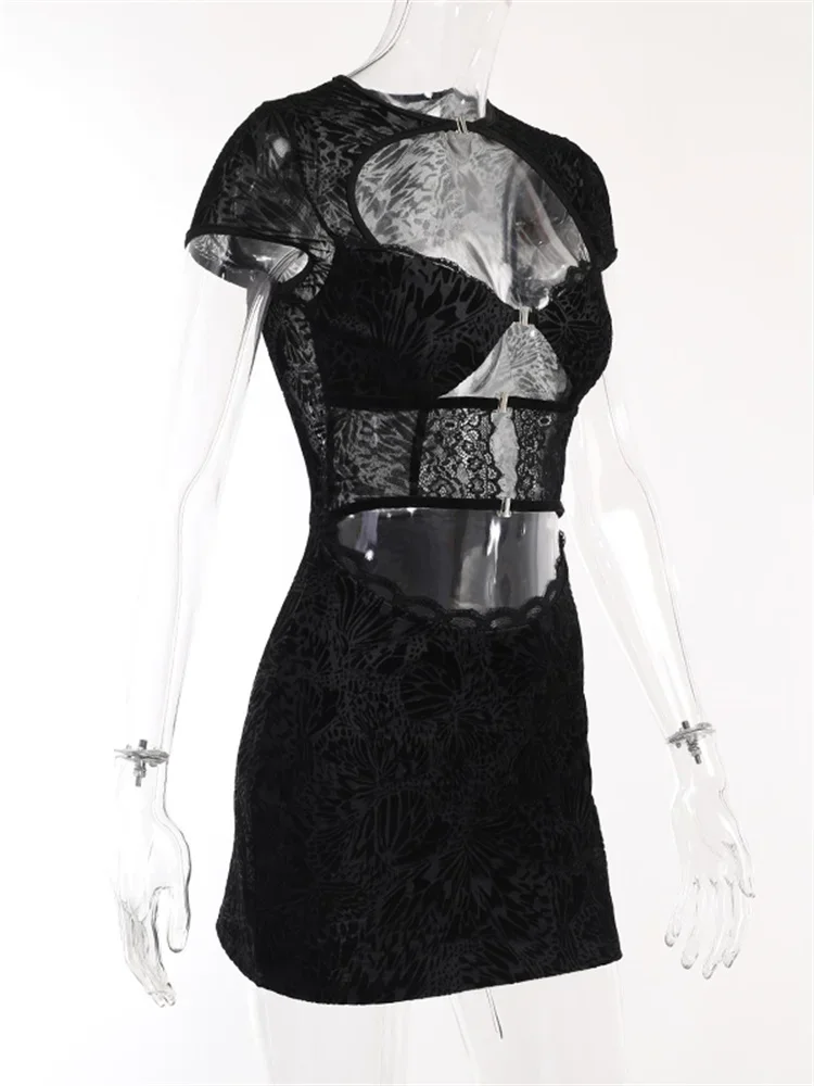 Women Sheer Lace Mini Dress Short Sleeve Crew Neck Hollow Out Slim Fit Bodycon Dress Summer Retro Club Sexy Dresses