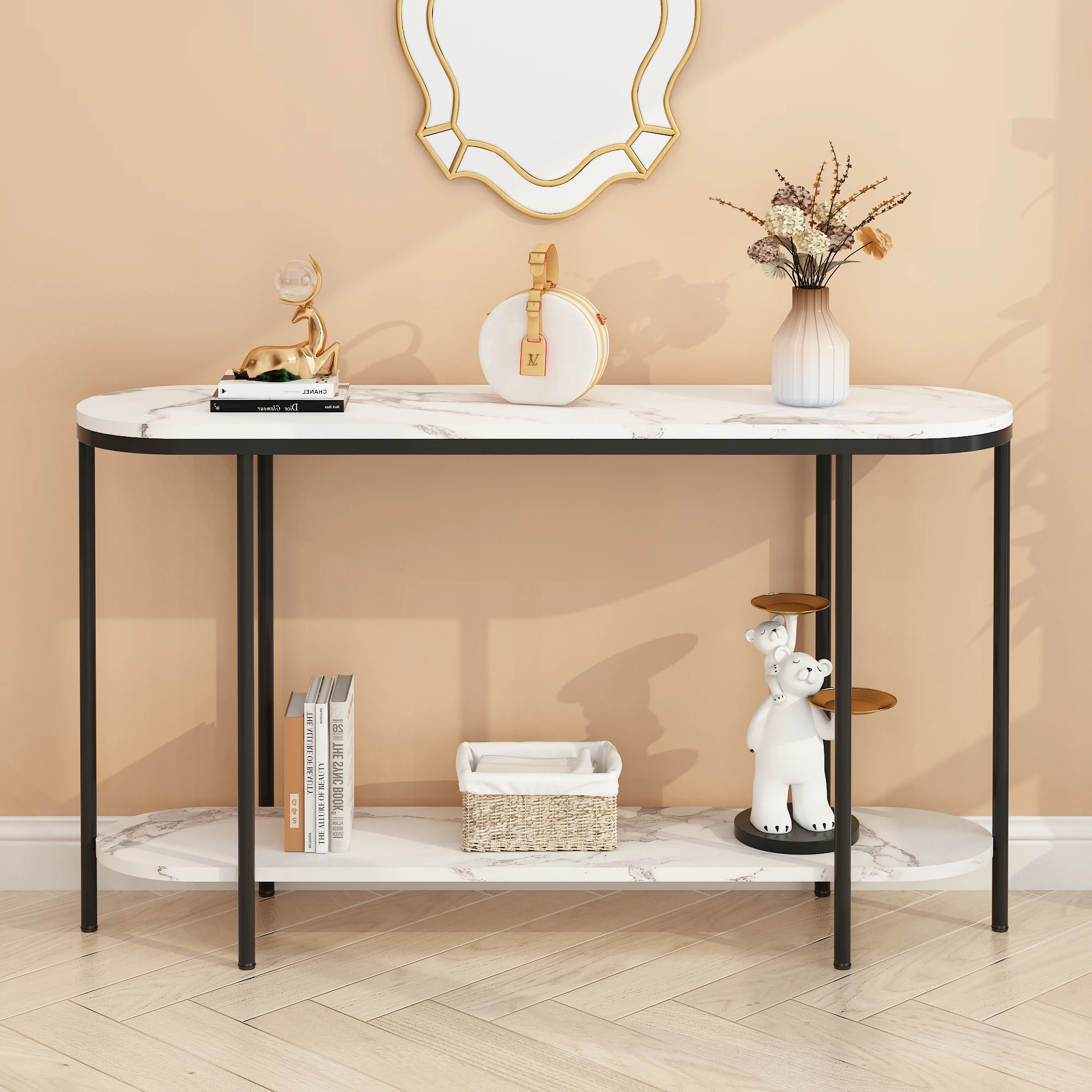 Console Table 2 Tier Narrow Entryway Table with Storage Shelves Faux Marble Narrow Table for Living Bedroom Hallway Office Easy Assembly, Black & White