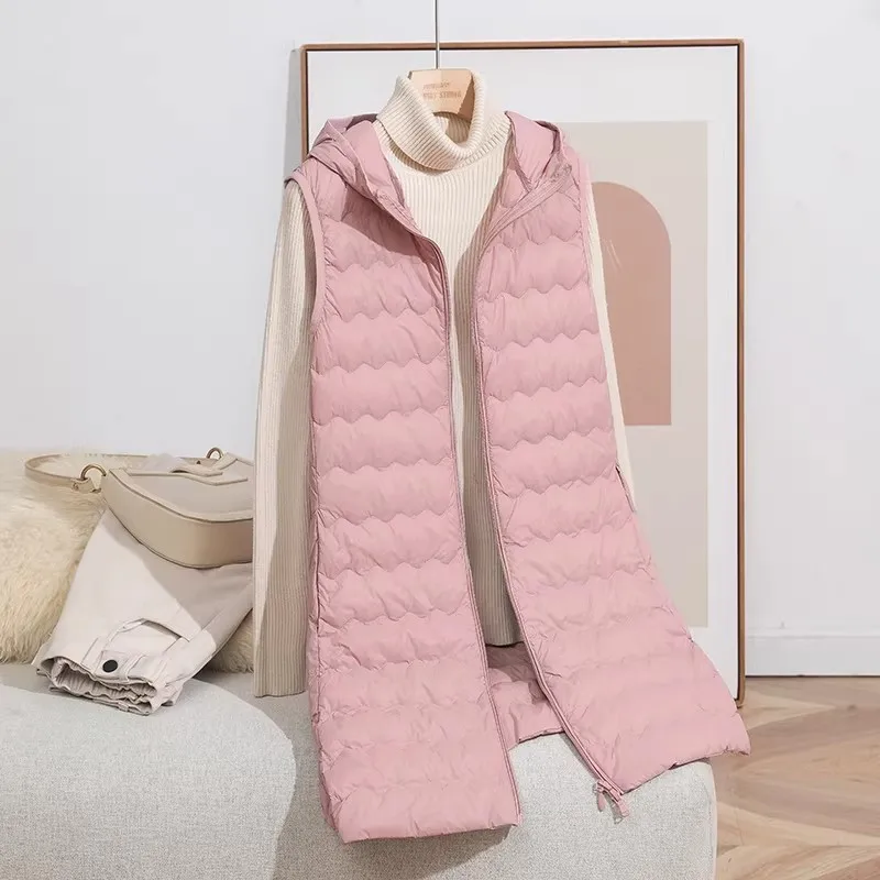 

Autumn Winter Ultra Light White Duck Down Vest Parkas Women Sleeveless Midi Long Down Tank Coat Ladies Hooded Waistcoat Jakcet