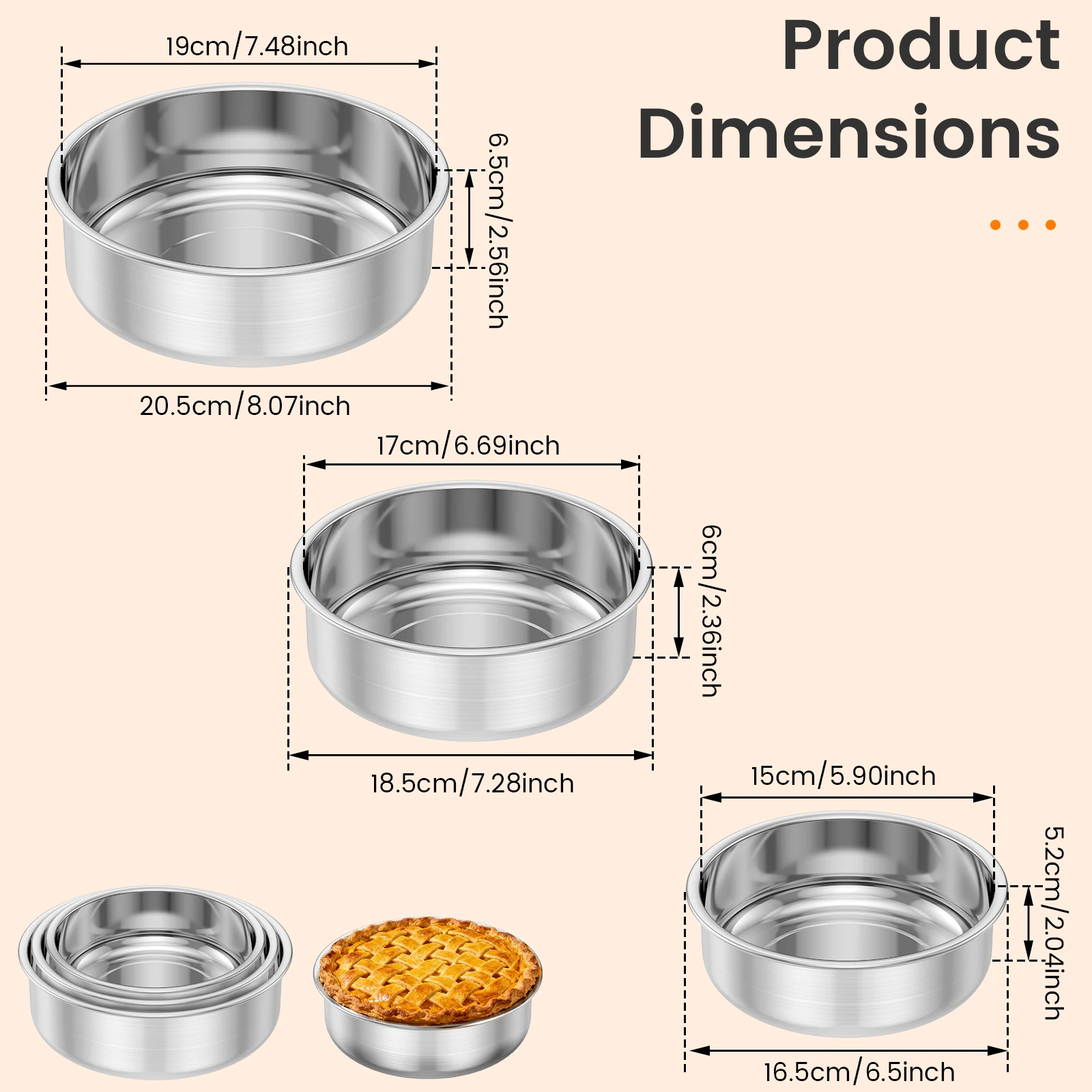 3 Pcs Stainless Steel Cake Mold Set 6/7/8 Inch Round Baking Pans Reusable Cake Tins Uncoated Bakeware Set for Oven and Air Fryer