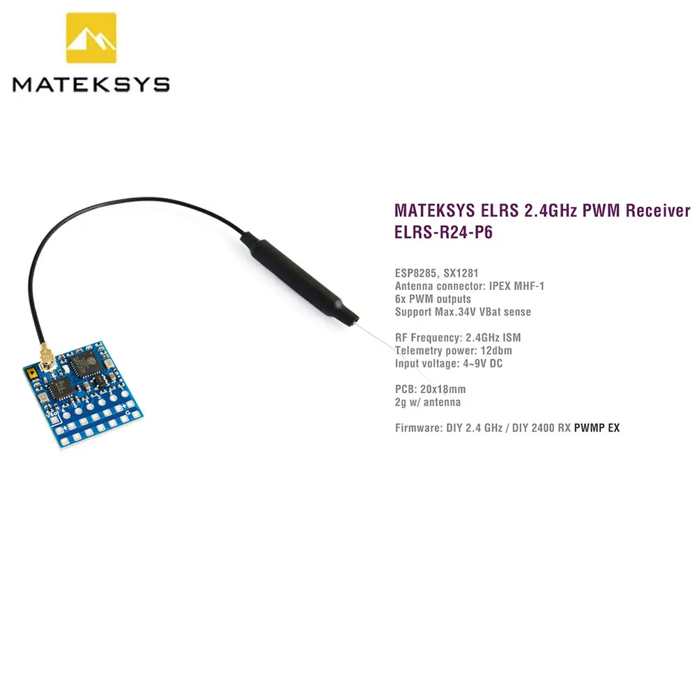 Receptor MATEK ELRS-R24-P6 R24-P6 EXPRESSLRS 2.4GHz PWM con Conector de Antena, Compatible con Detección de Voltaje VBat de 2~8S para Drones RC FPV